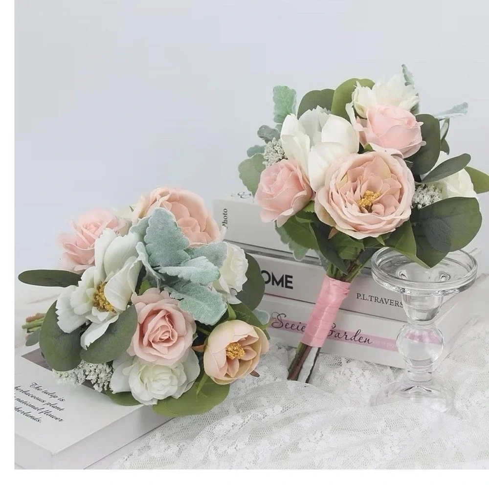Rinlong 2 Pcs Wedding Bouquets for Bridesmaids Bride Pink Green Artificial